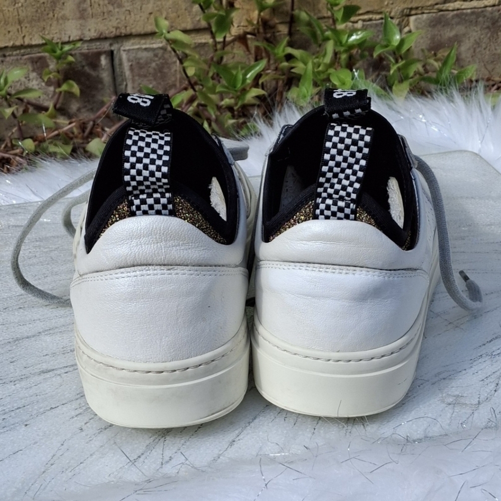 P448 You Can Surf Later White Leather Gold Glitter Tongue Sneakers Women Size 9 - Picture 5 of 16